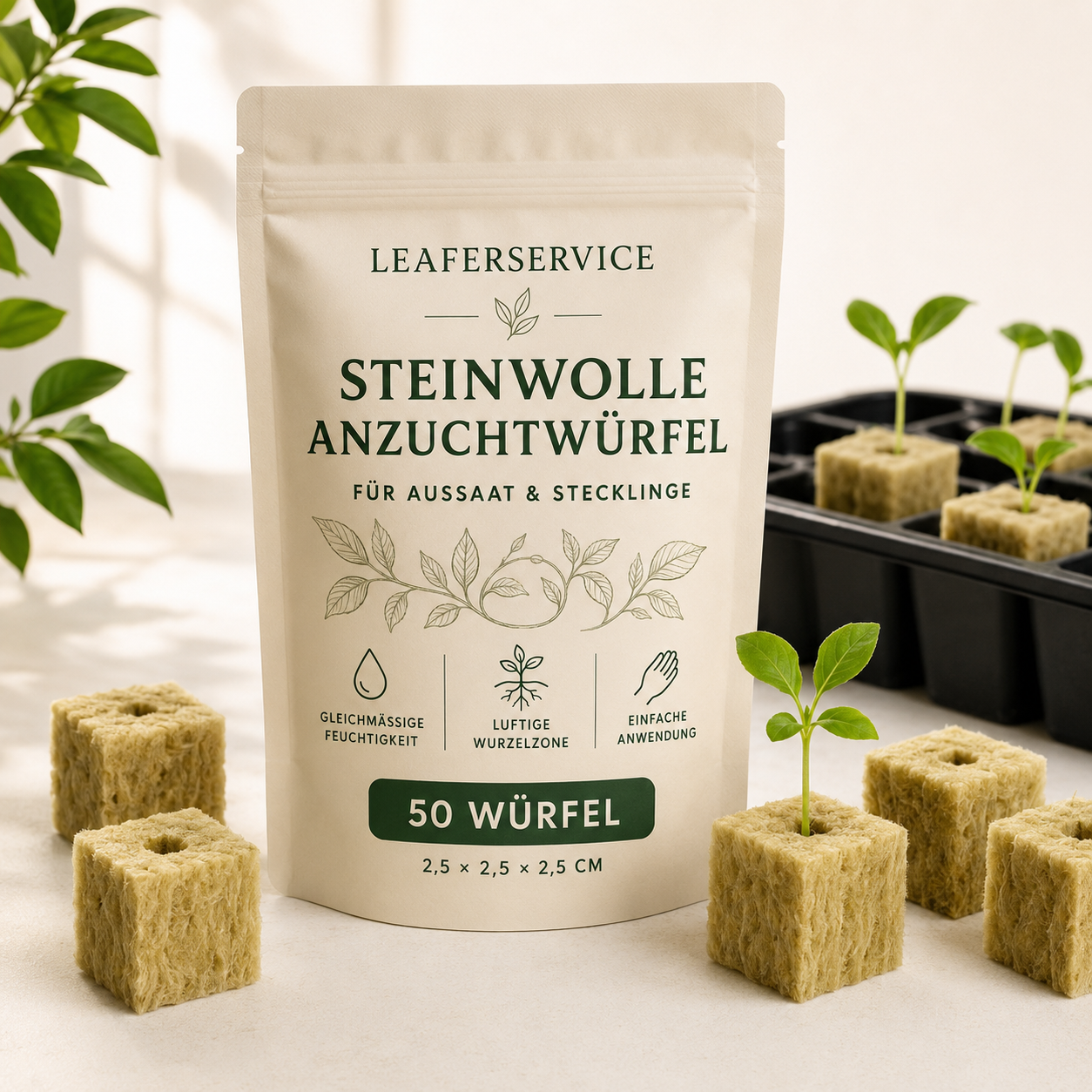 LEAFerservice Steinwolle-Anzuchtwürfel, 50 Stück à 2,5 cm